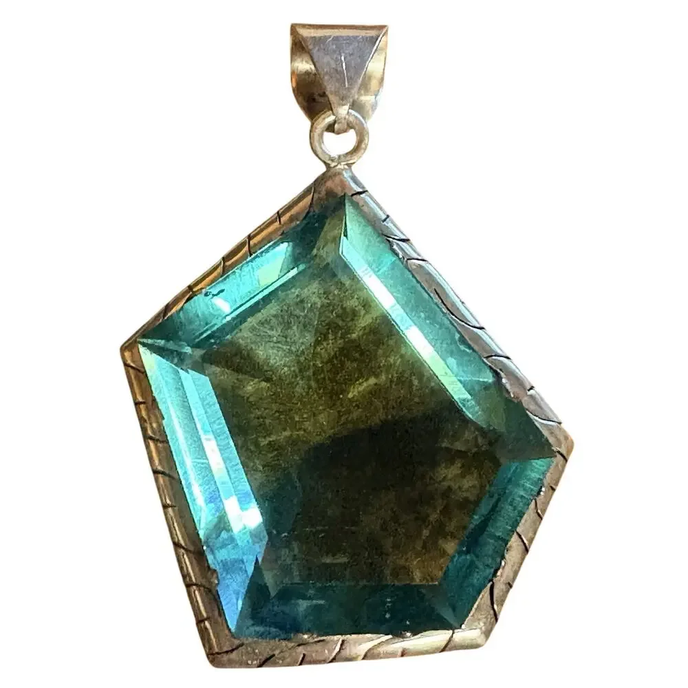 Taxco Sterling Siver & Blue Pendant Marked TS-7B Large Geometric Vintage Mexico